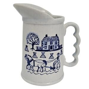Vintage Rustic Blue and White w/Blue Specks Ceramic Pitcher Countryside Motif